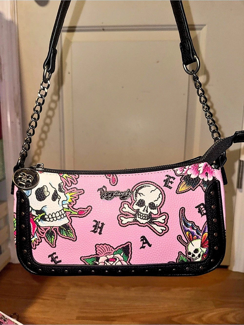 Ed Hardy Pink Tattoo Print Skull & Rose Shoulder Bag